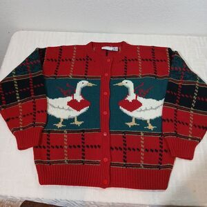 Preview Hand Knit Large Ugly Sweater Cardigan Christmas Goose Grannycore Wool